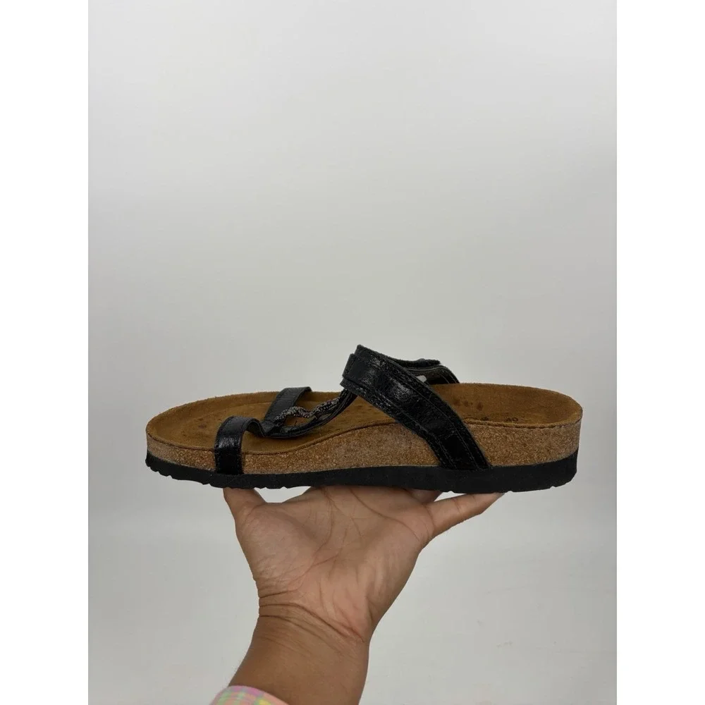 Naot Malibu Black Sandals Size 40 / 9 Leather Rhinestone T-Strap Slide Cork